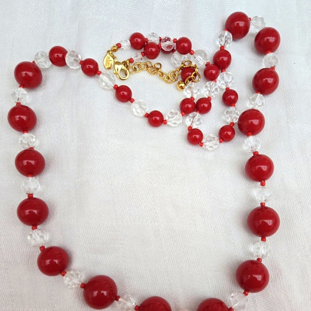 JOAN RIVERS Single Strand Necklace w/Crystal and Red Acrylic Beads, 32" - Picture 2 of 8